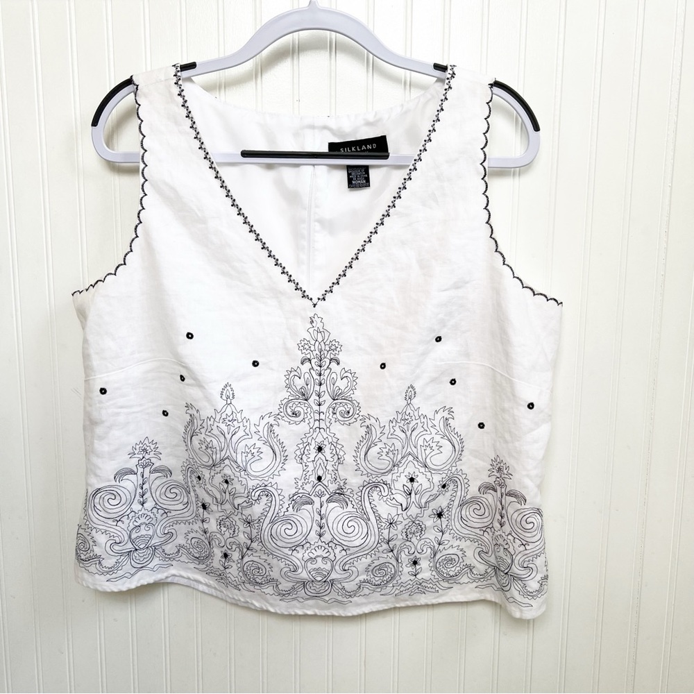 Silkland Woman White & Black Embroidered Sleeveless Linen Top Plus Size 1X
